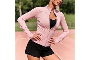 Women's Full Zip Stand Collar Athletic Jacket with Thumb Holes Slim Fit Long Sleeve Running Workout Fitness Top, Pink, Small