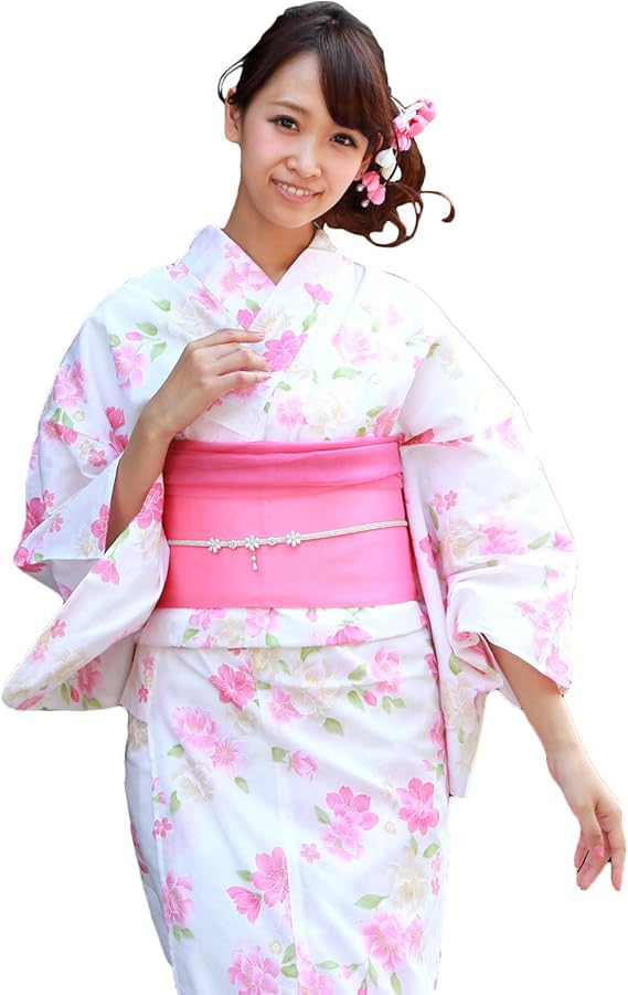 Amazon 浴衣 女 セット 白地にピンク八重桜と小桜 平帯タイプ なでしこ ときめき恋浴衣3点セット 浴衣 通販