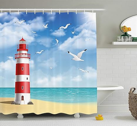 Amazon Si Fang ビーチシャワーカーテン リアルなイラスト 冷たい海岸の飛んでいる海の景色 バスルーム装飾セット フック付き 60 X 72インチ バーミリオンブルー シャワーカーテン ホーム キッチン オンライン通販