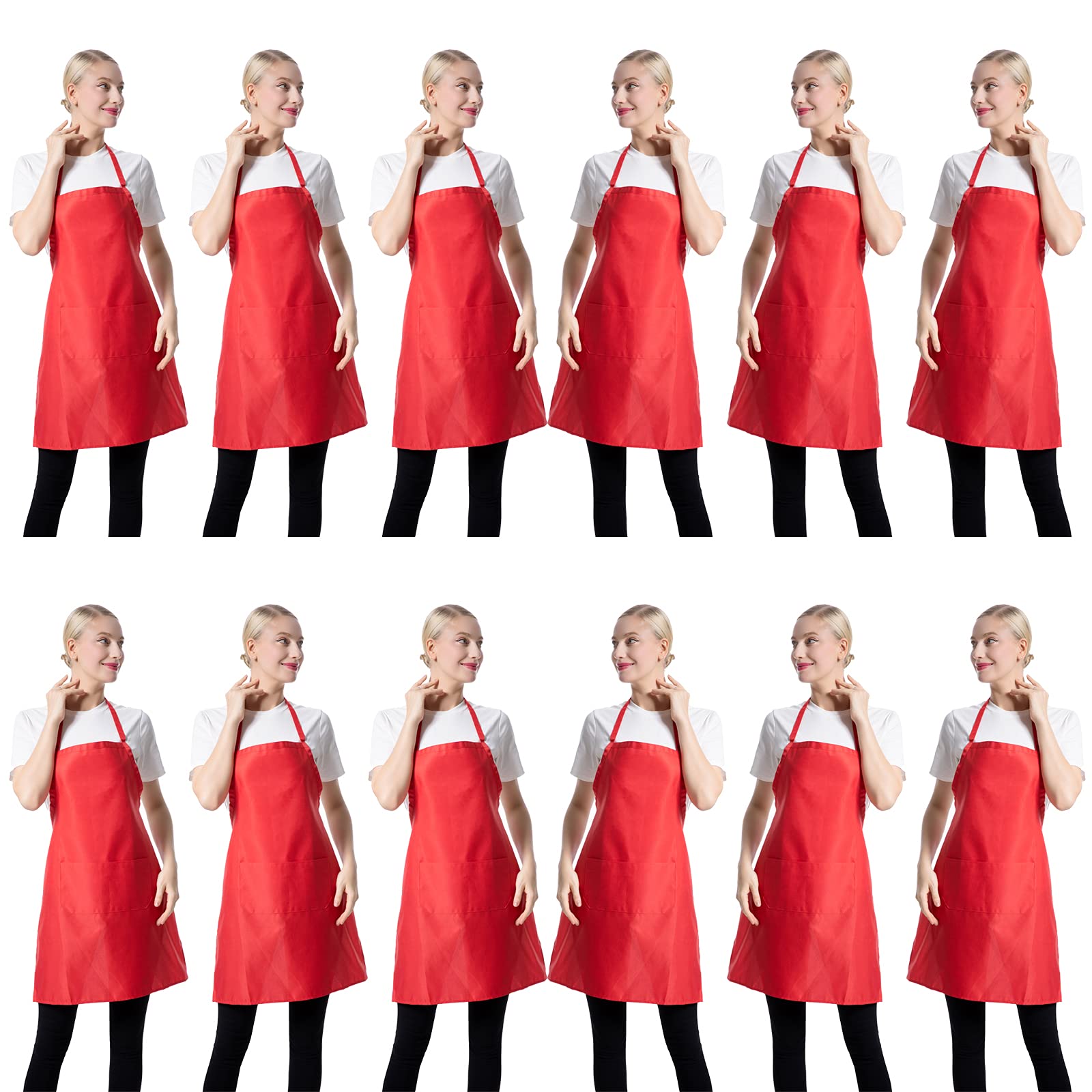 CWFUN Bib Aprons Bulk for Women Men Unisex Waterproof apron for Cooking Baking Kitchen Restaurant Crafting Painting Apron- Bulk Aprons for Girls Waiter Waitress Apron,12 Packs-Multicolours (1, Red)
