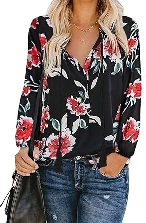 Elapsy Womens Casual Long Sleeve Split V Neck Floral T Shirt Tassel Bohemian Blouses Tops Amazon Co Uk Clothing