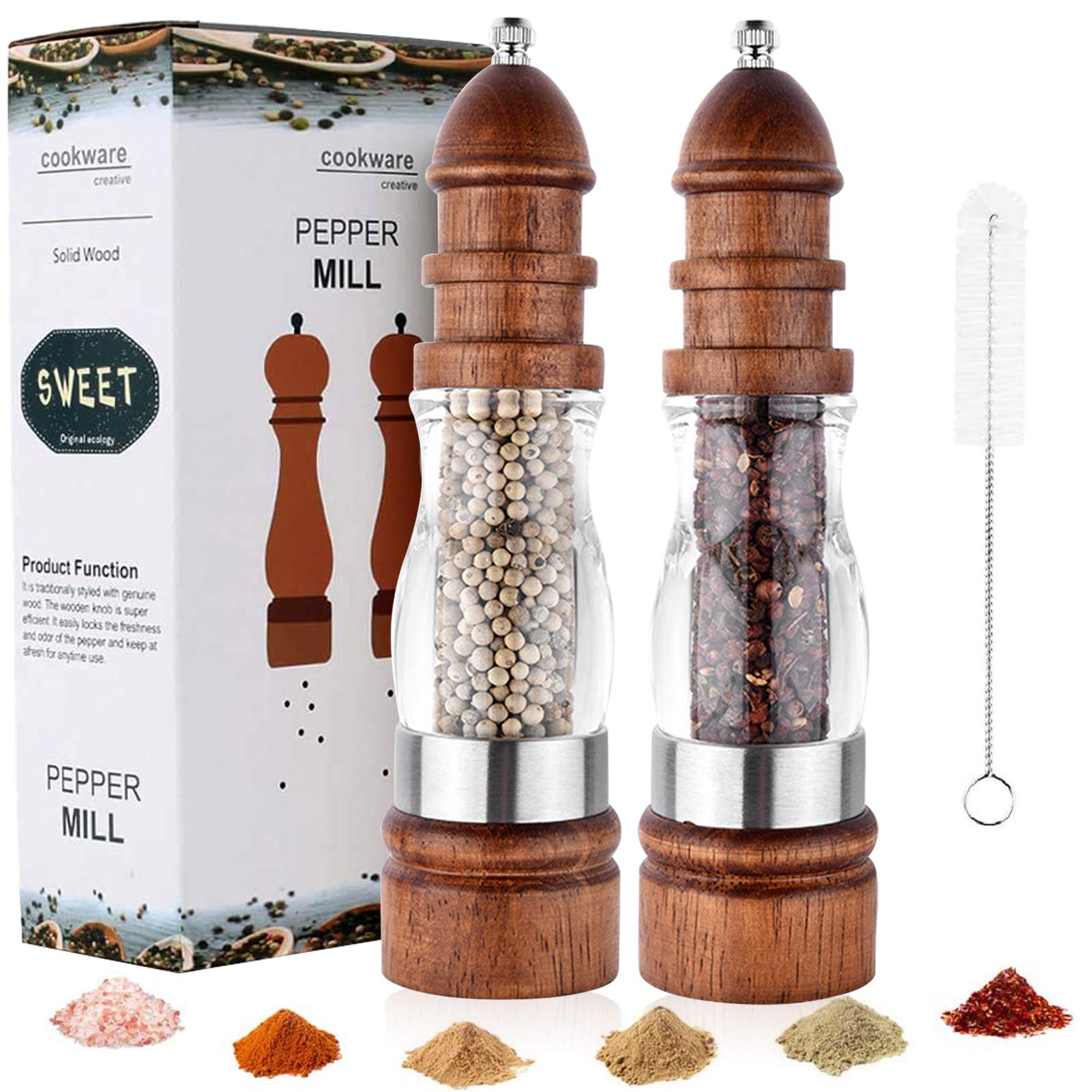 Wooden Salt and Pepper Mills,Salt Grinder for Coarse Salt, 8.6 inch Adjustable Salt and Pepper Set,Salt and Peppar Grinders with Ceramic Grinding Core（2 Pack）