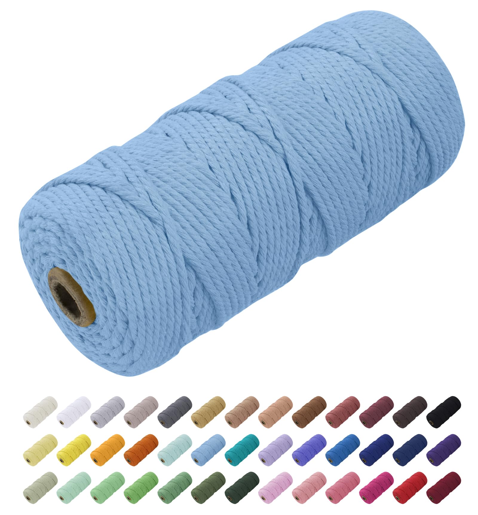 Uiopa Macrame Cord 3mm x 100m, Thick Rope Yarn Natural Cotton Cord, 4-Ply Macrame String for DIY Crafts, Plant Hangers, Wall Hangings, Decorations (Sky Blue)