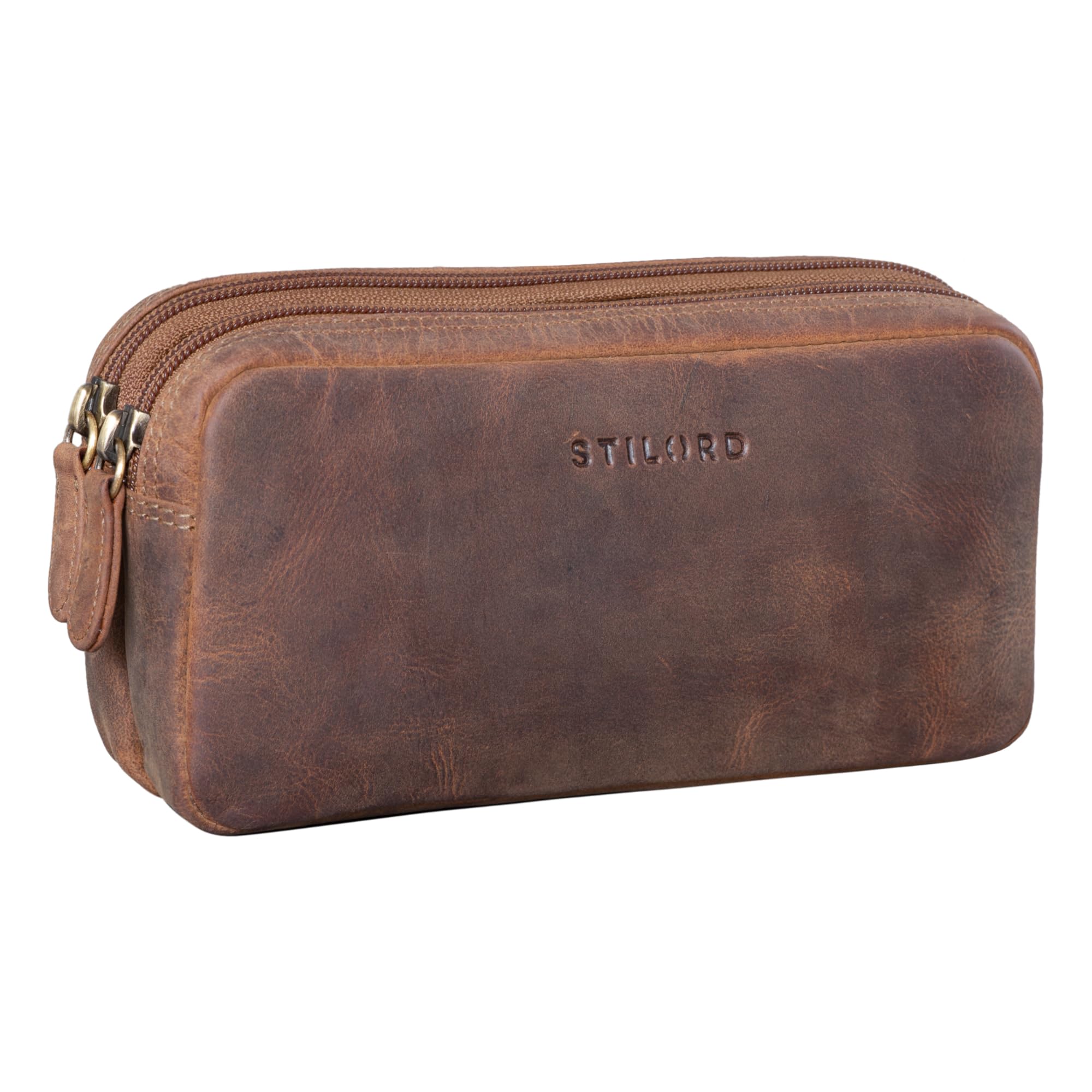 STILORD "Eddie" Pencil Pouch Case Leather Pen Cases with 2 Zipped Compartments Vintage Pencil Bag Cosmetic Bag Organizer Genuine Leather Colour:Middle Brown