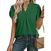EVALESS Women's Dressy Casual Business Work Chiffon Blouses Tops Summer V Neck Cute Loose Petal Short Sleeve T-Shirts