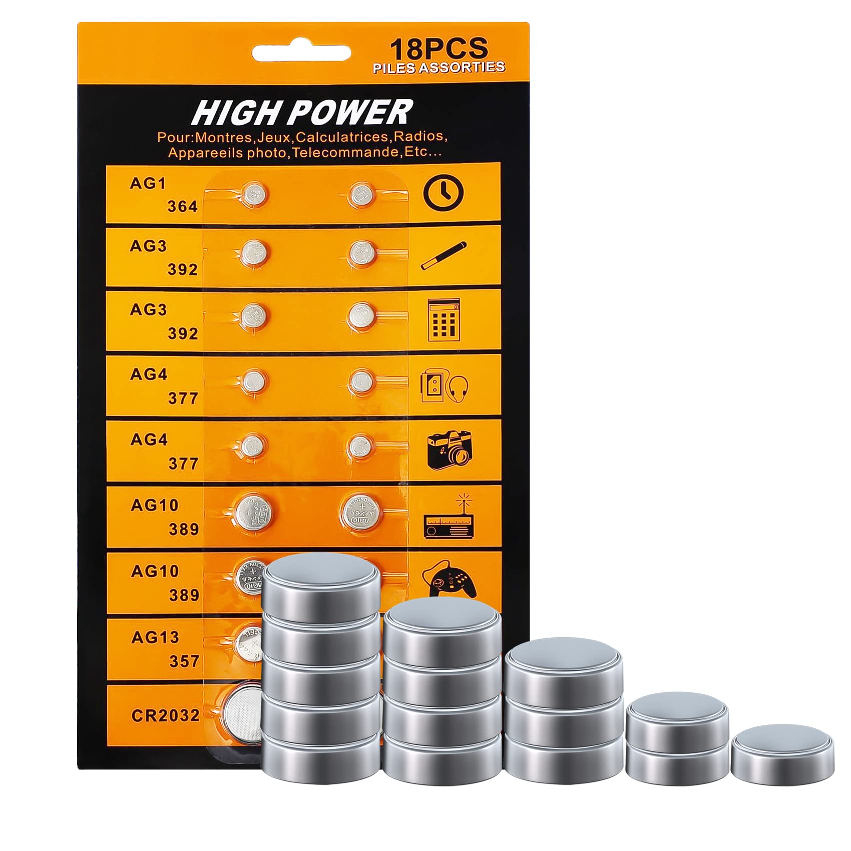 Cotchear 18pcs Alkaline Cell Batteries Set AG1/LR621 AG3/LR41 AG4/LR626 AG10/LR1130 AG13/LR44 CR2032 Coin Batteries Assorted 0% Mercury