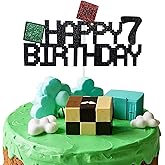 1PCS Pixel Happy 7th Birthday Cake Topper, Glitter Pixel Style Cake Decorations,Block Game Themed Cake Topper for 7 Years Old Boys Girls Birthday Party Supplies Decoration