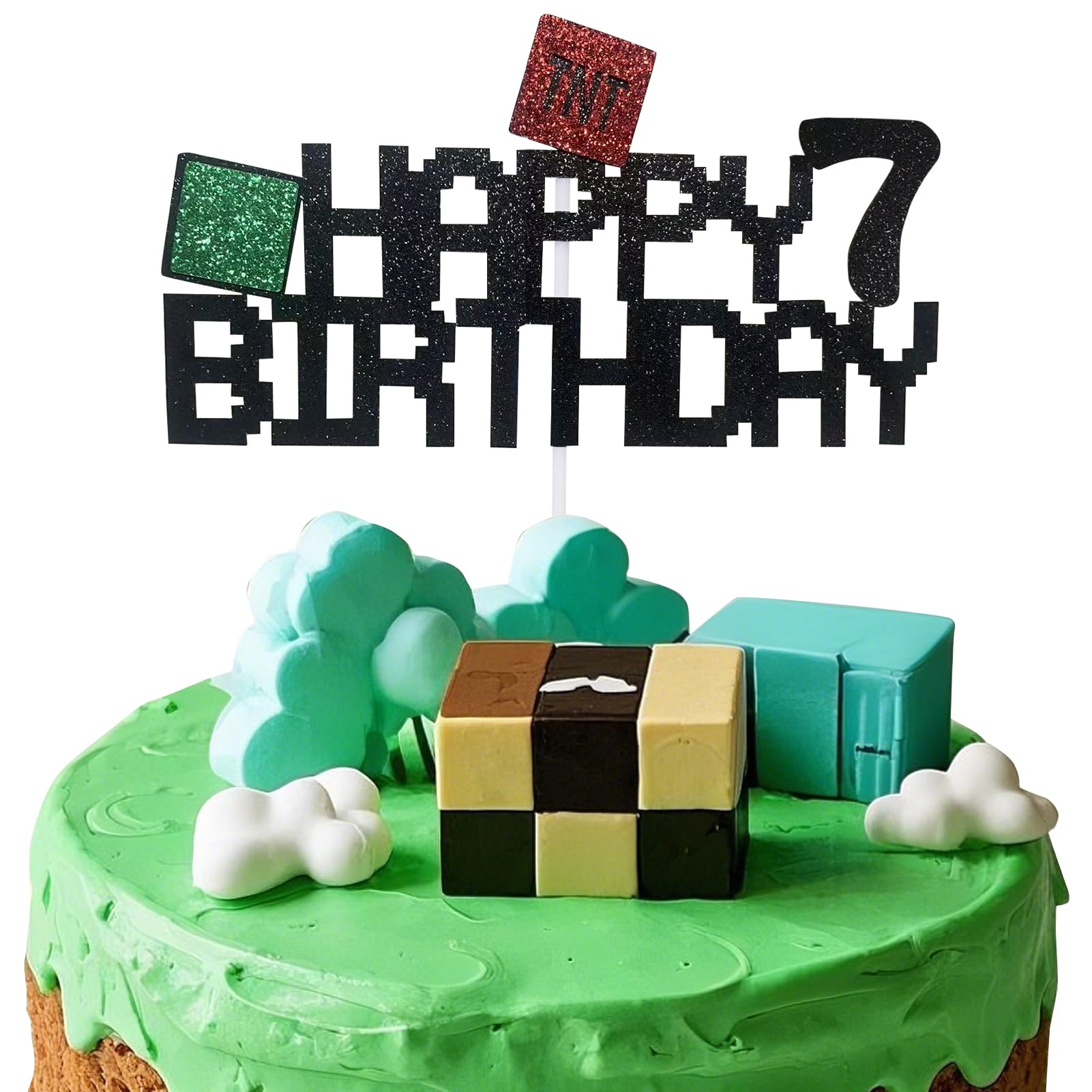 Photo 1 of 1PCS Pixel Happy 7th Birthday Cake Topper, Glitter Pixel Style Cake Decorations,Block Game Themed Cake Topper for 7 Years Old Boys Girls Birthday Party Supplies Decoration