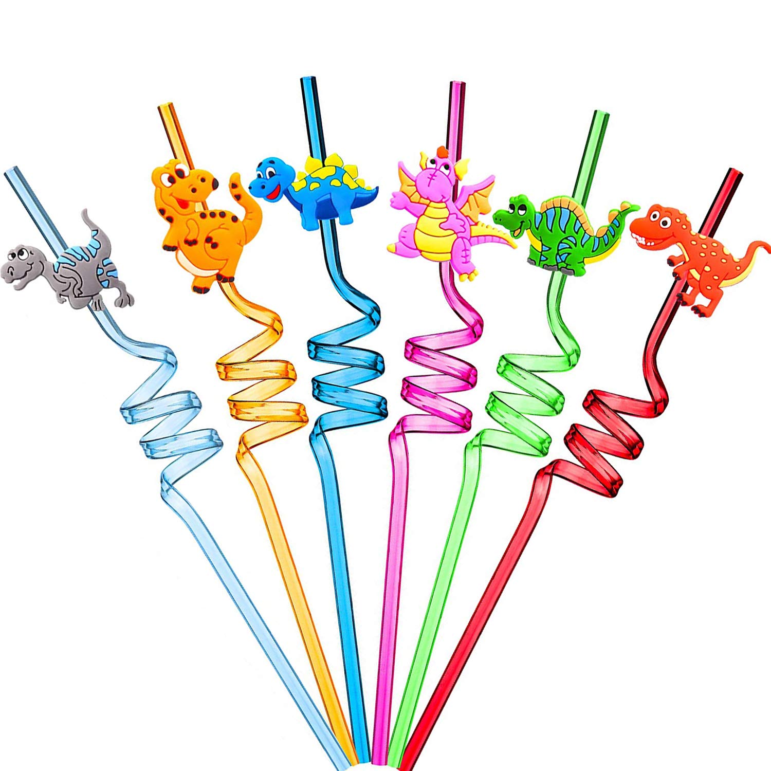 Photo 1 of Ulife Mall Reusable Drinking Straws Novelty Dinosaur Party Straw Curly Hard Plastic Straws Kids Birthday Party Decorations Supplies Family Reunion Favors - Pack of 6