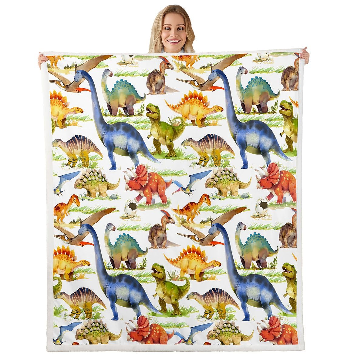Tbrand Kids Fleece Throw Blanket Double 60"x79" for Bed Sofa Couch Cute Dinosaurs Print Sherpa Blanket Decorative Cartoon Animal Plush Blanket Soft Colorful Dino Fuzzy Blanket Yellow Blue
