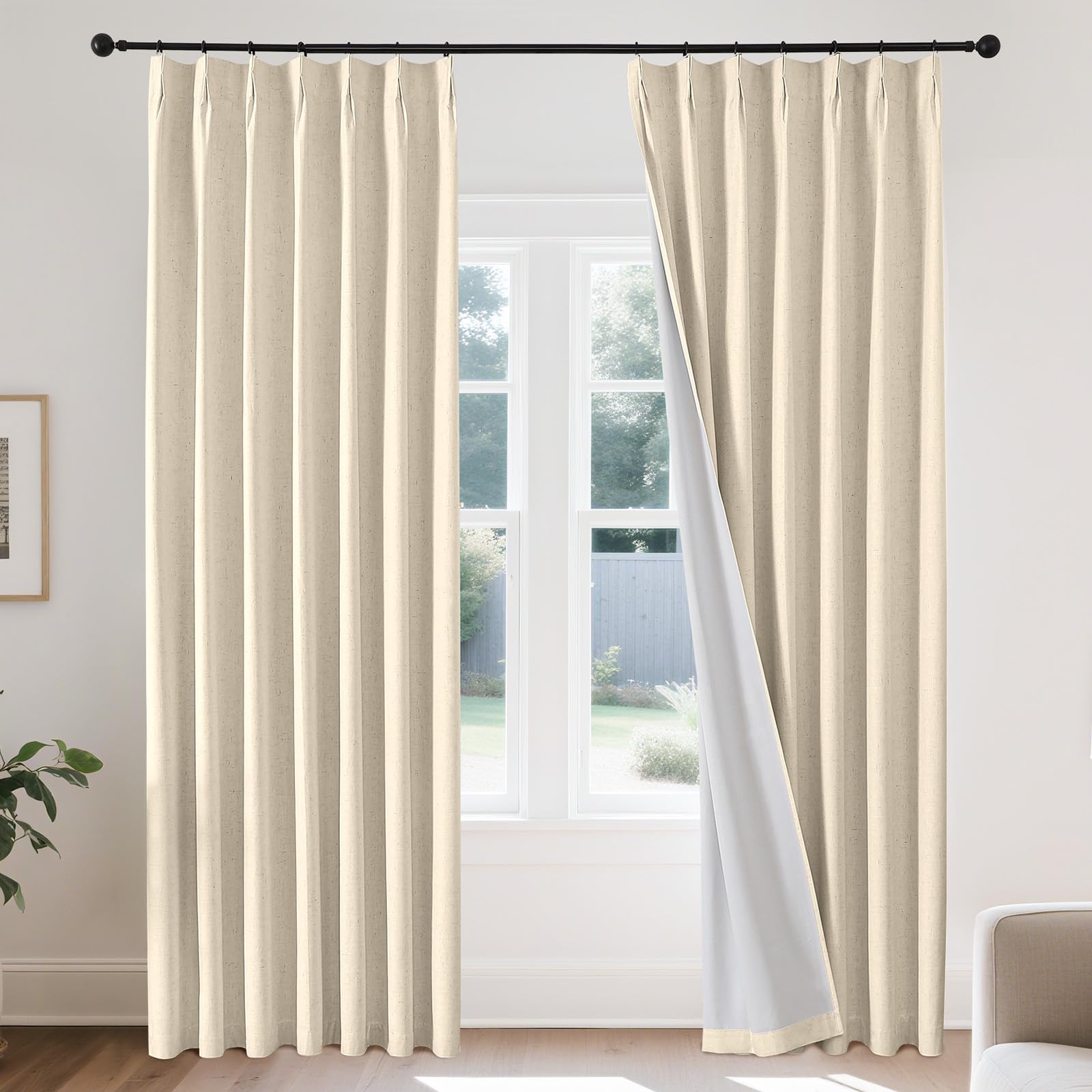 Joydeco Pleated Curtains for Living Room Bedroom, Linen Drapes 90 inch Length 2 Panels Set, Blackout Thermal Insulated Curtain(Bleached Sand,40'' Wx90'' L) Image