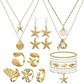 Tondiamo 16 Pcs Seashell Starfish Jewelry Set for Women Seashell Earrings Rings Boho Layer Charm Necklace Summer Beach Bracelets Natural White Anklet for Summer Holiday Vacation Accessories