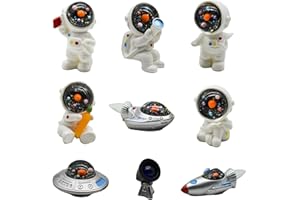 Pinenjoy 9Pcs Miniature Astronaut and Rocket Figurines Mini Spaceman and UFO Set Resin Cake Toppers for DIY Shelf Tabletop Diorama Craft Decoration