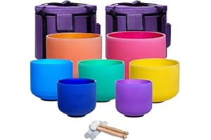 CALM CLANG 432hz Crystal Singing Bowl Healing 6-12inch Set of 7 Colored for Meditation Yoga Heart Chakra Singing Bowls Heavy Duty Carrying Case Rubber Mallet Suede Striker O ring