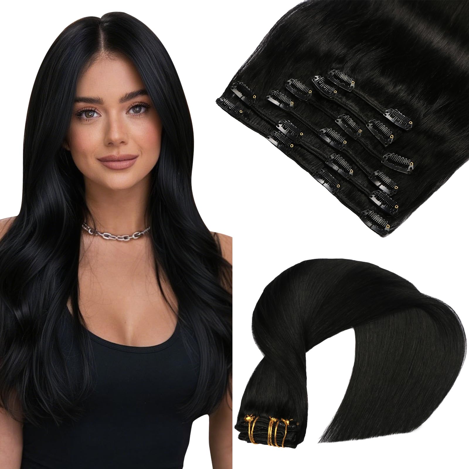 VINBAO Clip in Hair Extensions Human Hair Jet Black 100g Remy Hair Extensions Real Human Hair Clip ins Double Weft Invisible 14 Inch 6pcs (#C1, 14'') โ image 1