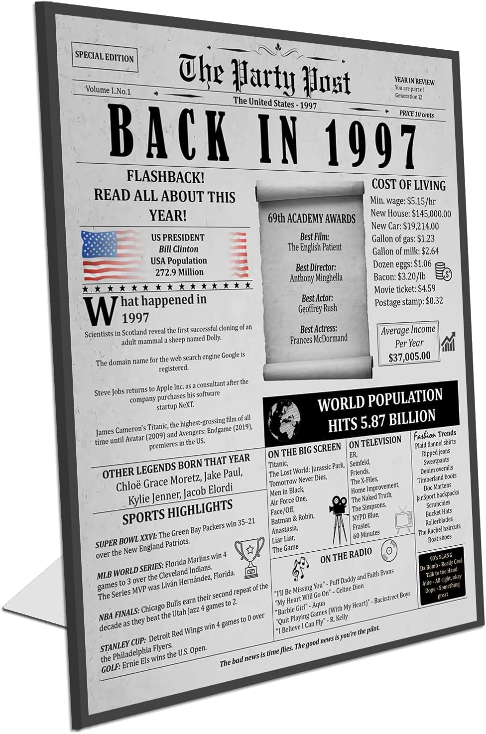 Wall Décor - 26th Birthday Poster 8 x 10 Party Sign - Born 26 Years Ago Table Party Supplies. Back In 1997 Home Decor Bday Card. Wedding Anniversary Banner with Fun Facts for Her or Him Turning 26 Years Old