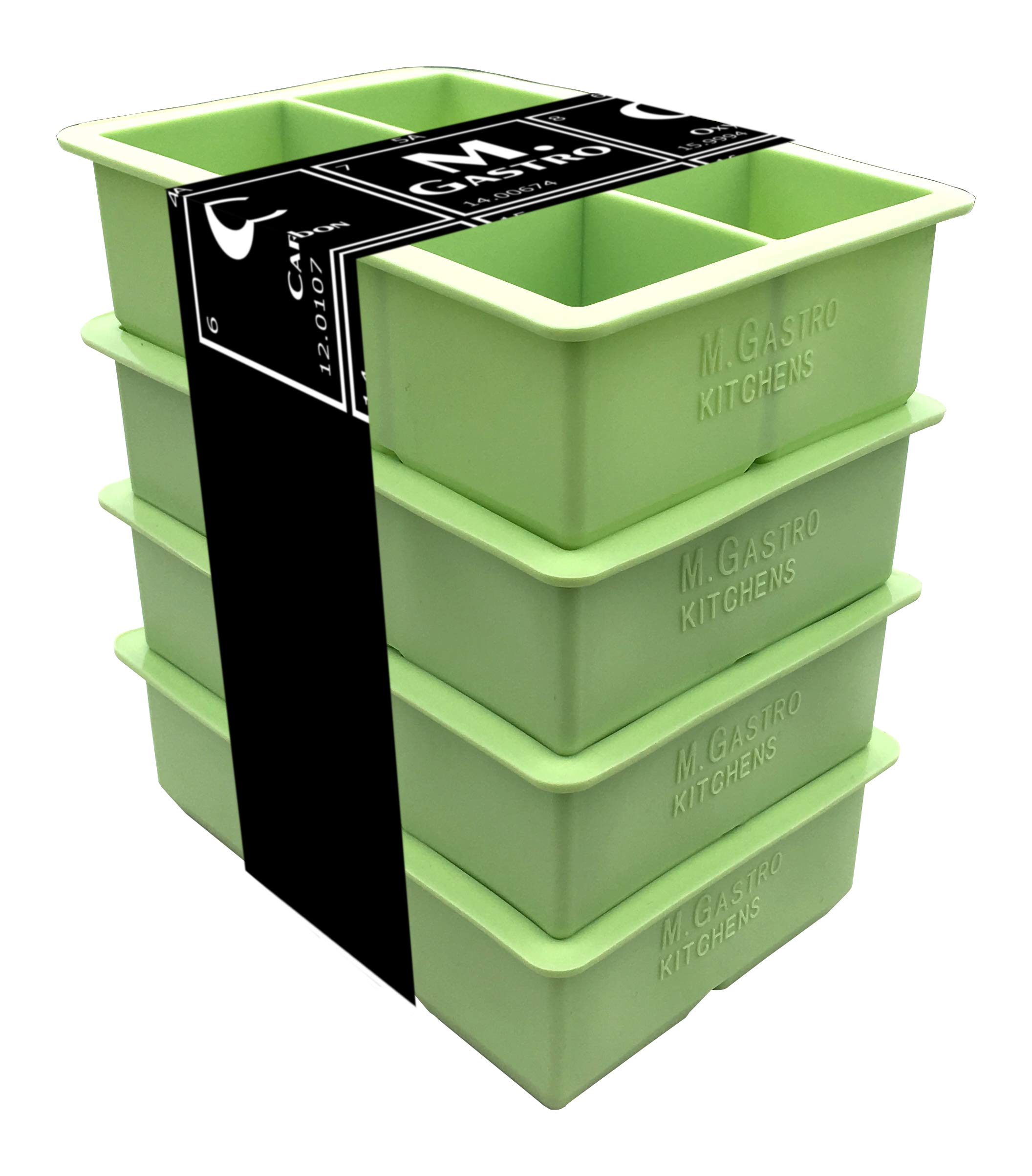 Silicone Ice Cube Trays by M. Gastro Kitchens, SAVE WITH OUR ECONOMY 4 PACK, Extra Large Ice Cubes, Space Saving Design, 6 Cavity (Green)