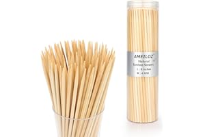AMEILOZ 8" Bamboo Wooden Skewers for BBQ, Kebob, Appetizer, Fruit, Sausage, Chocolate Fountain, Natural Wood Barbecue Kabob Skewer Stick, Organic Food Sticks for Grilling, Kitchen (Φ=4mm Thick, 100PCS)