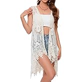 Lace Front Open Sleeveless Top Cardigan Crochet Vest Bikini Cover up Summer Beachwear