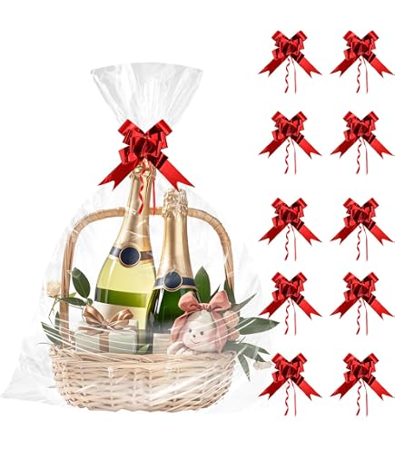 Extra Large Cellophane Gift Bags 30x40 Inches – 10 Pack With 10 Pull Bows, Clear Wrap For Baskets