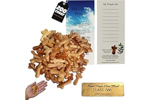 Holy Land Market Small Olive Wood Hand Crosses - 2.5 Inch Pocket Palm Crucifix | Handmade Jerusalem Crosses - Christian Gifts with Certificates & Lord Prayer Card | Meditation & Prayer Crosses (200 count)