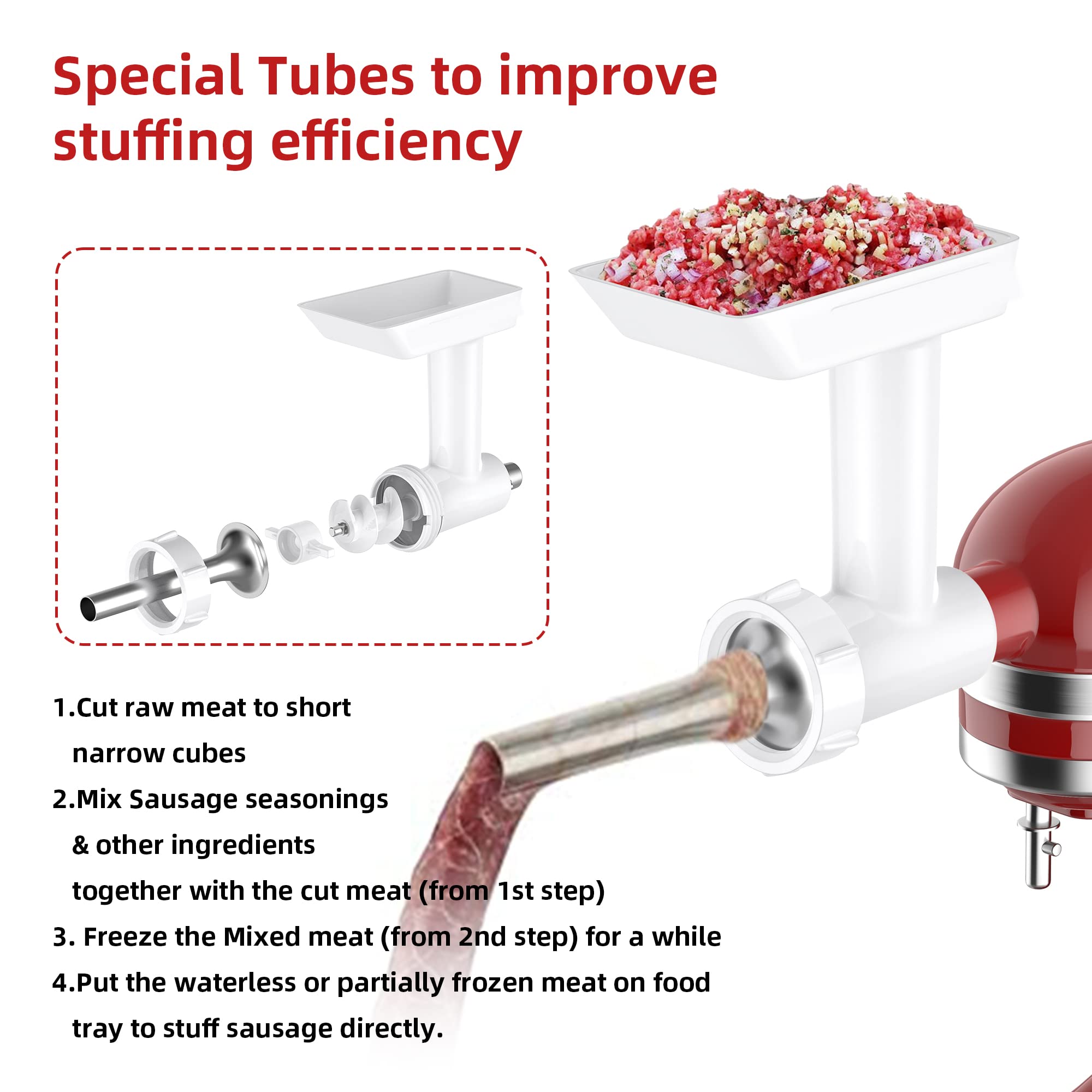 InnoMoon Sausage Stuffer Kit for Kitchenaid plastic FGA Food Grinder Attachment, For Kitchen Aid Sausage Attachment, 3 Stainless Steel Stuffing Tubes plus 1 Retainer Ring
