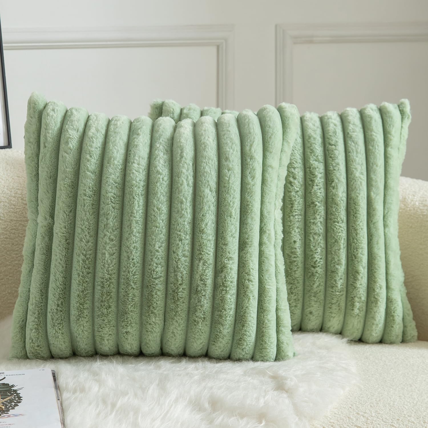 Mandioo Pack of 2 Decorative Cushion Covers 30cm x 50cm Faux Fur Striped Plush Soft Throw Pillow Covers Pillow Cases Bedroom Living Room Sofa Home 22x22 Inch Sage Green