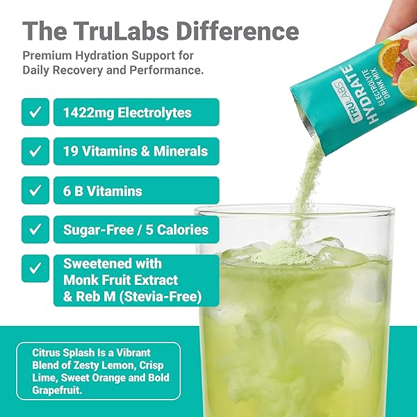 TRULABS HYDRATE ELECTROLYTE DRINK MIX – CITRUS SPLASH FLAVOR, SUGAR-FREE HYDRATION PACKETS WITH 1422 MG ELECTROLYTES & 19 VITAMINS & MINERALS, MONK FRUIT SWEETENED, ON-THE-GO STICKS (16 COUNT)