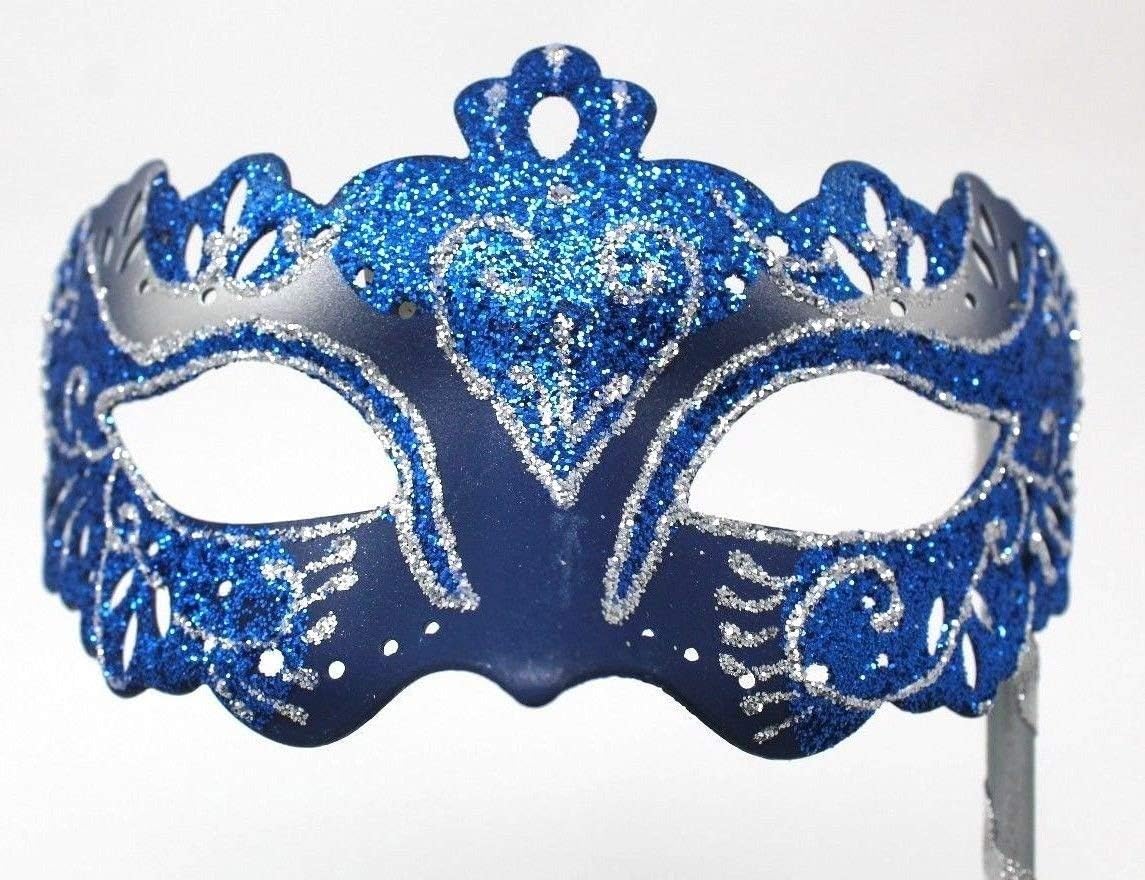 LADIES SPARKLING BLUE & SILVER RIALTO VENETIAN MASQUERADE CARNIVAL PARTY EYE HAND HELD MASK ON A STICK