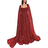 ZHCHUI Sparkle Starry Tulle Prom Dresses with Cape Long Ball Gowns Sweetheart A-line Formal Evening Gowns with Pockets