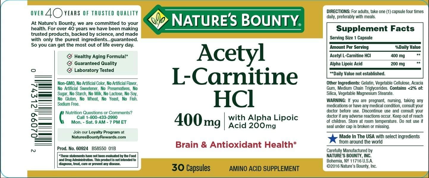 Nature's Bounty® L-Carnitine 400 mg & ALA 200 mg, 30 Capsules: Health & Personal Care