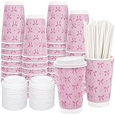 Ovveroche 50 Set 16 Oz Pink Bow Disposable Coffee Cups with Lids and Straws Coquette Bowknot Corrugated Paper Drinking Cups for Hot Cold Drinks Birthday Baby Shower Bachelorette Party Supplies
