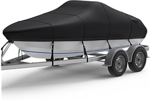 RVMasking Boat Cover, Ultra-Thick 1400D Polyester Canvas with Double PU Waterproof Coating, Fits 17-19ft Tri-Hull, V-Hull, Runabout, Fish & Ski Boat, Bass Boat, Black