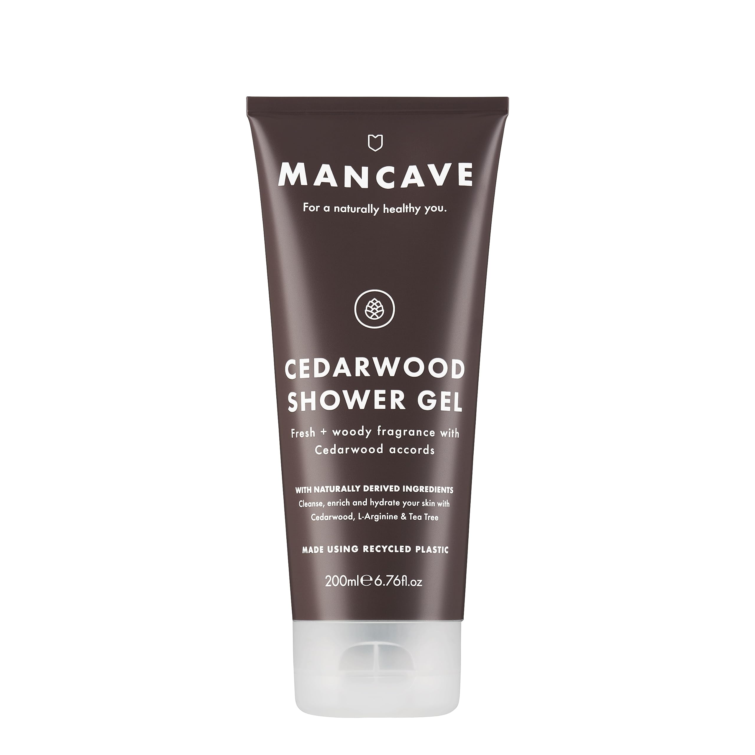 ManCave Cedarwood Mens Shower Gel, 200 ml, Body Wash, Natural Ingredients, Vegan, Eco-Conscious and Cruelty-Free, Fresh Woody Shower Gel for Men with Eucalyptus, Pine Needle, Body Wash for Men