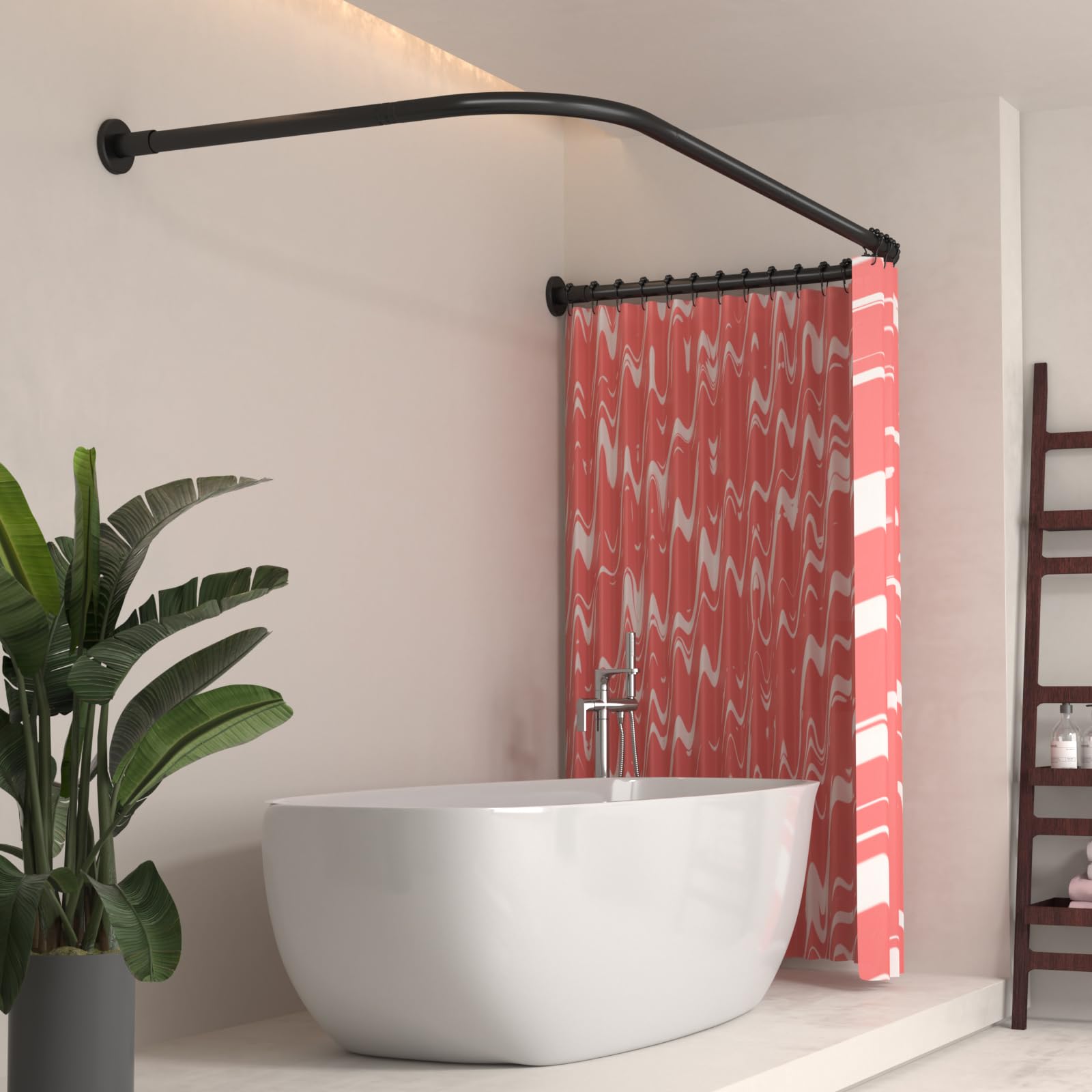 YOFOQ Shower Curtain Rail, U-Shaped, Adjustable Shower Curtain Rod 75x190x75 cm, Stainless Steel Extendable Shower Curtain Pole, for Bathroom Bathtub with 16 Rings, No Ceiling Support Required, Black