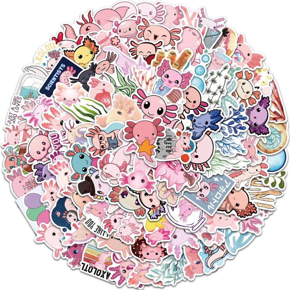 100 Pcs Cartoon Axolotl Stickers, Lovely Cute Animal Sticker for Kids Boys Girls Adult, Durable Aesthetic Pink Pet Decals for Laptop Skateboard Water Bottle Bicycle Motorbike Car Computer Scrapbook