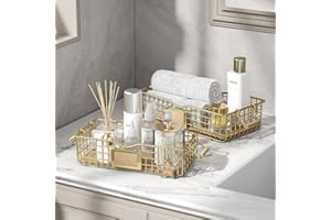 Qcold Bathroom Organizer Basket - 2 Pack Counter Organizer with Handle - Wire Shelf Basket - Farmhouse Decor - Golden