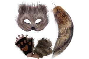 NWSTESLE Furry Therian Mask and Tail for Kids,Animal Fox Mask Wolf Tail Paws Set,Over 1 Years Old