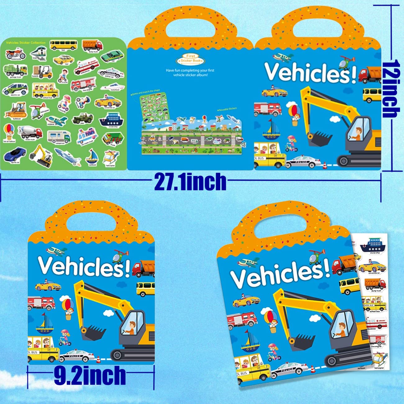 RUSON Reusable Sticker Book for Kids, Vehicles Truck Stickers Educational Learning Toys Travel Stickers Activity Books for Toddler Girls Boys Age 3+ Birthday Gifts