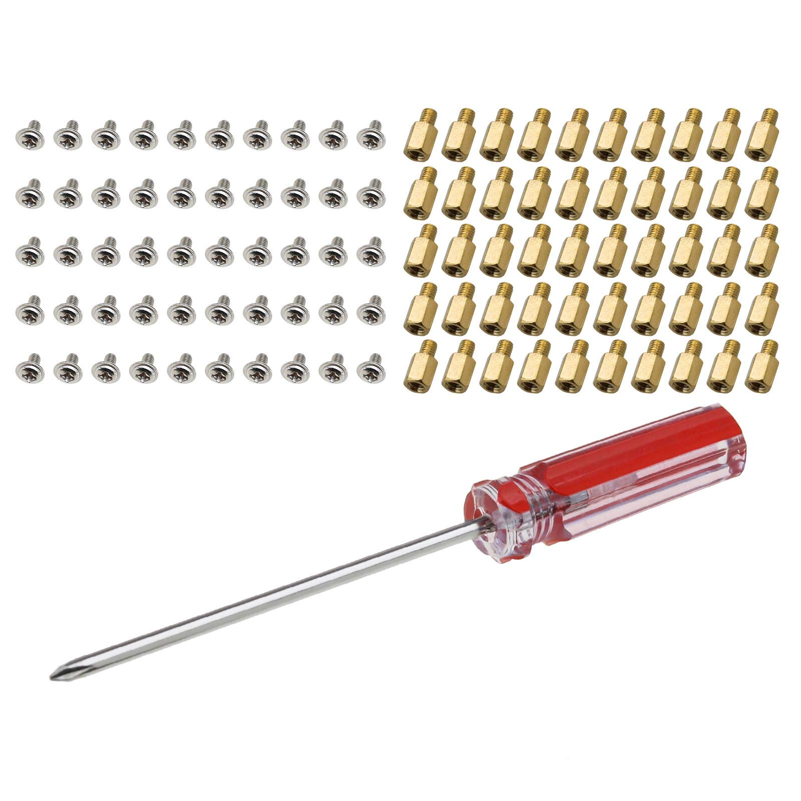 The Lord of the Tools PC Case Motherboard Screws Kit, M3x6x4mm Brass Standoffs M3x5mm Screws with Screwdriver for Hard Drive Computer Case Motherboard