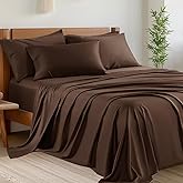 Shilucheng 6 Piece King Sheet Sets, Cooling Sheets, Blend Rayon Derived from Bamboo, Deep Pocket Up to 16", Breathable & Soft Bed Sheets, Hotel Silky Bedding Set, Brown