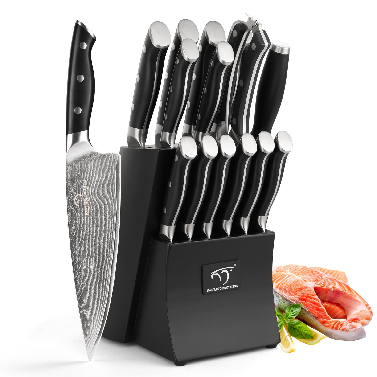 Damascus Kitchen Knife Set, 15-Piece Kitchen Knife Set with Block, ABS Ergonomic Handle for Chef Knife Set and Serrated Steak Knives Knife Sharpener and Kitchen Shears, 14 Slots Wooden Knife Block Image