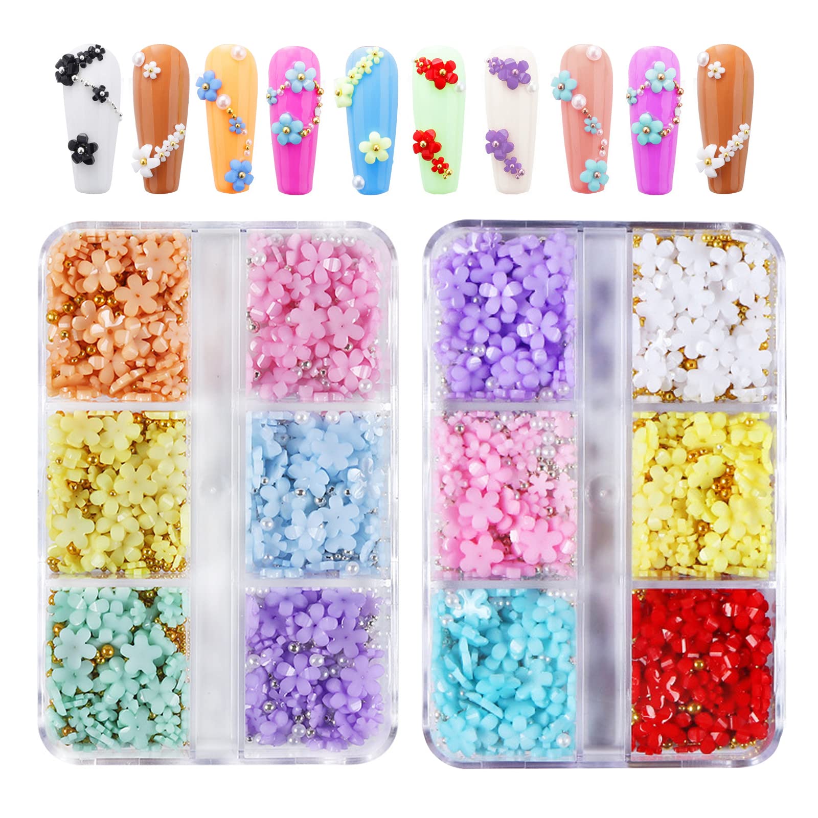 2Boxes 6 Grids 3D Colorful Flower Nail Charms- 3D Nail Flowers Rhinestone with White Pearl &Gold Silver Caviar Beads Mixed DIY Nail Decorations for Acrylic Cherry Blossom Nail Art Design (Colorful A)