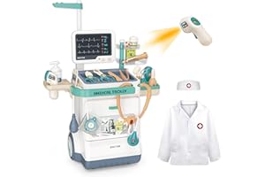POFJOEQ Deluxe Doctor Kit for Toddlers, Pretend Medical Station Set for Boys & Girls, 28 Accessories,Mobile Cart with Lights, Includes Doctor's Uniform、Thermometer, Doctor Kit for Kids 3-5 Years Old