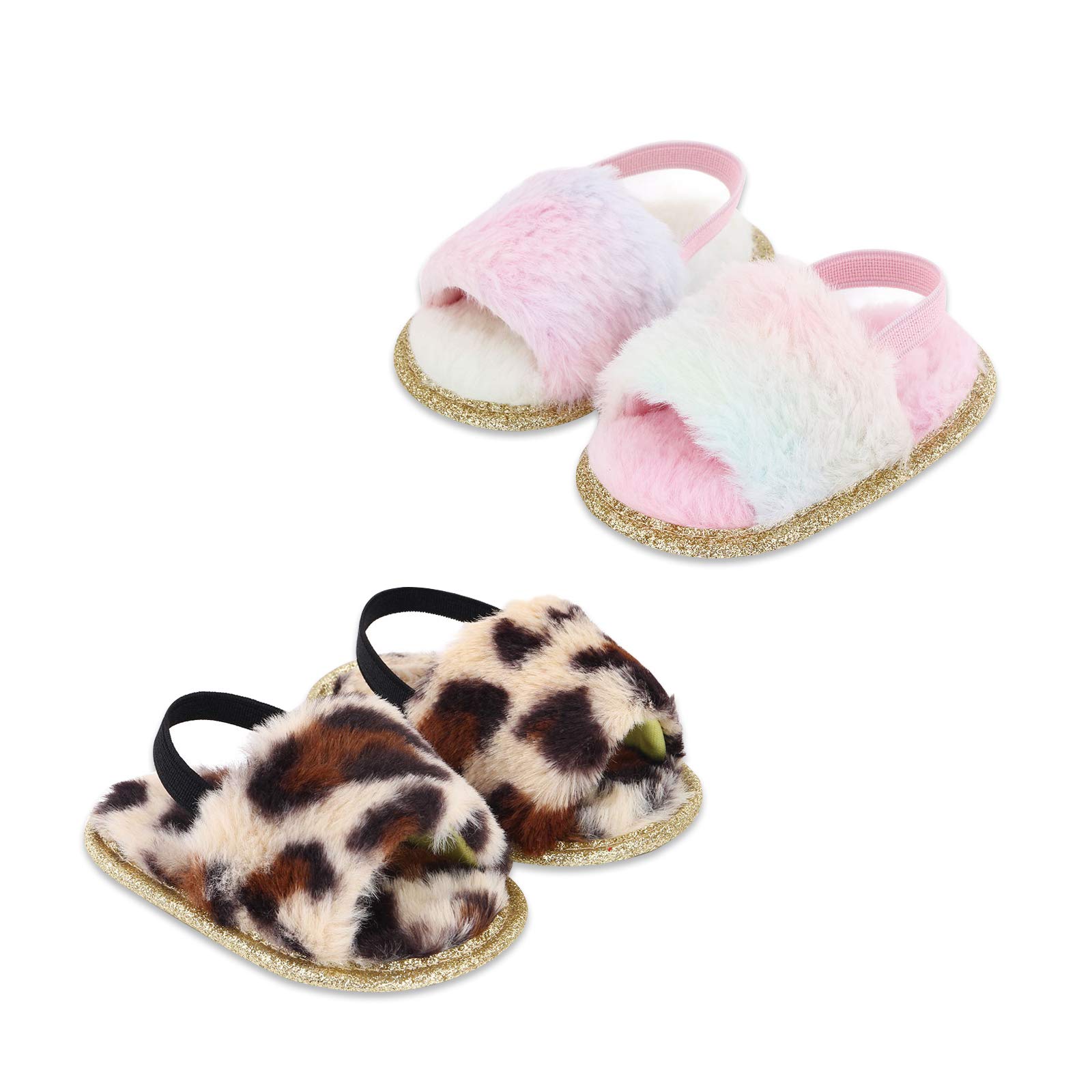 Photo 1 of Yinbwol 2 Pack Infant Baby Girls Sandals Elastic Back Strap Flats Slippers Soft Toddles Princess Shoes Faux Fur Slides Shoes First Walker House Shoes