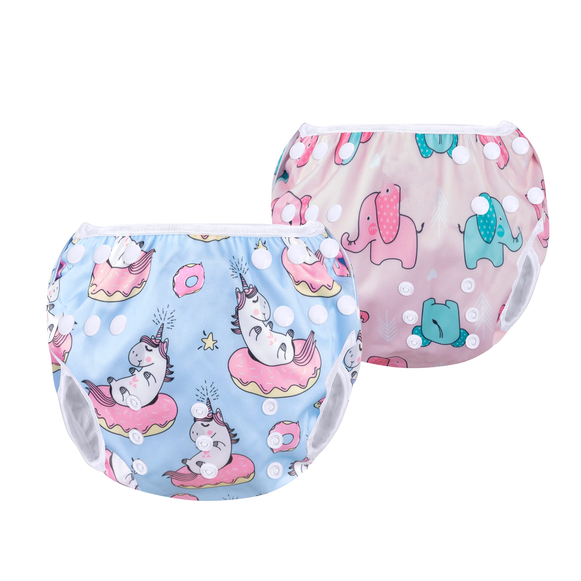 Luxja Reusable Swim Nappy (Pack of 2), Adjustable Swimming Nappies for Baby (0-3 Years), Unicorn + Baby Elephant