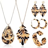 Fiada 5 Pcs Acrylic Leopard Jewelry for Women Resin Boho Earrings Necklace Cheetah Bohemian Jewelry for Woman(Brown Series)
