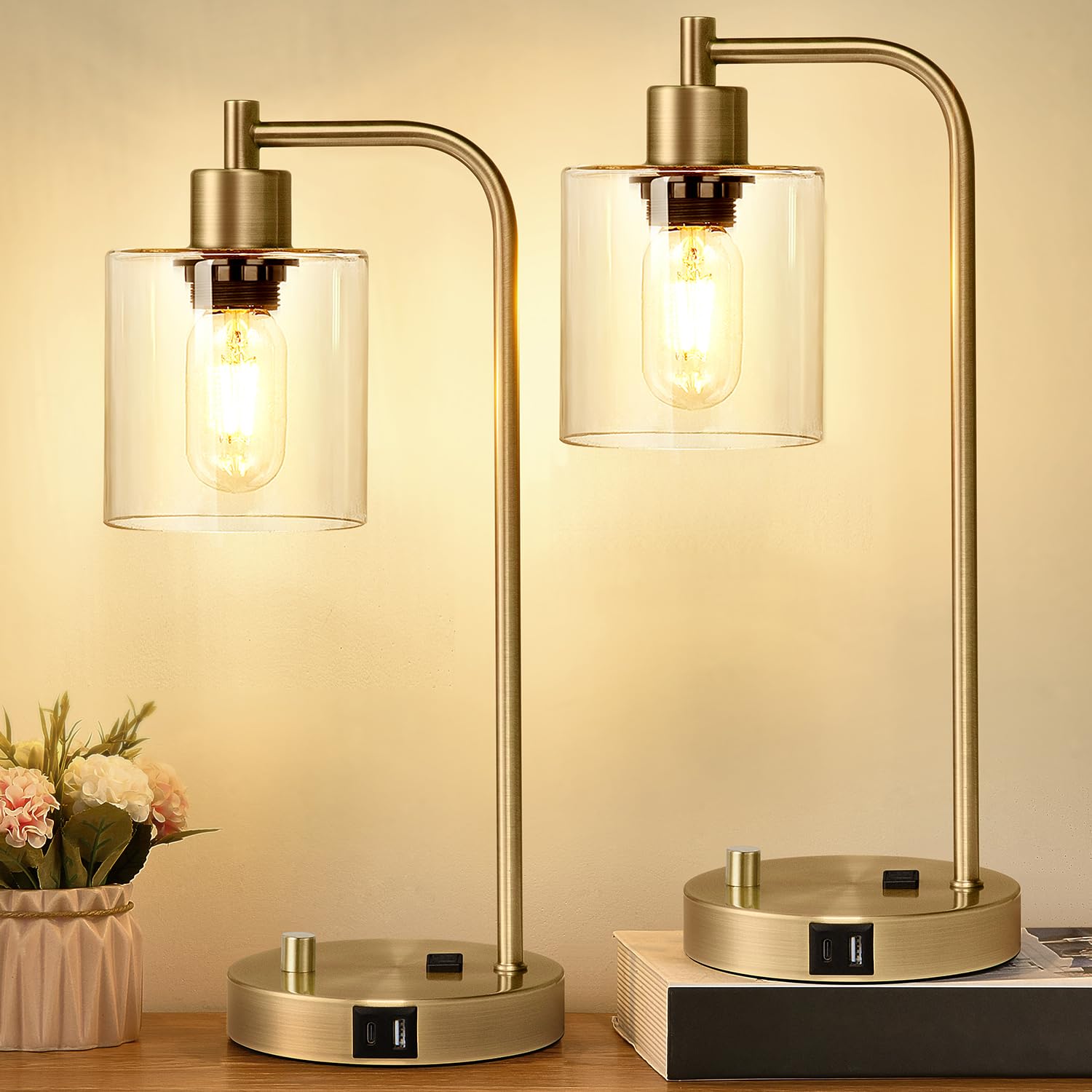 Photo 1 of Set of 2 Industrial Table Lamps with USB C+A Ports and Outlet, Brass Fully Stepless Dimmable Bedside Lamps, Nightstand Lamps with Clear Glass Shade for Living Room Office (2 LED Bulb)