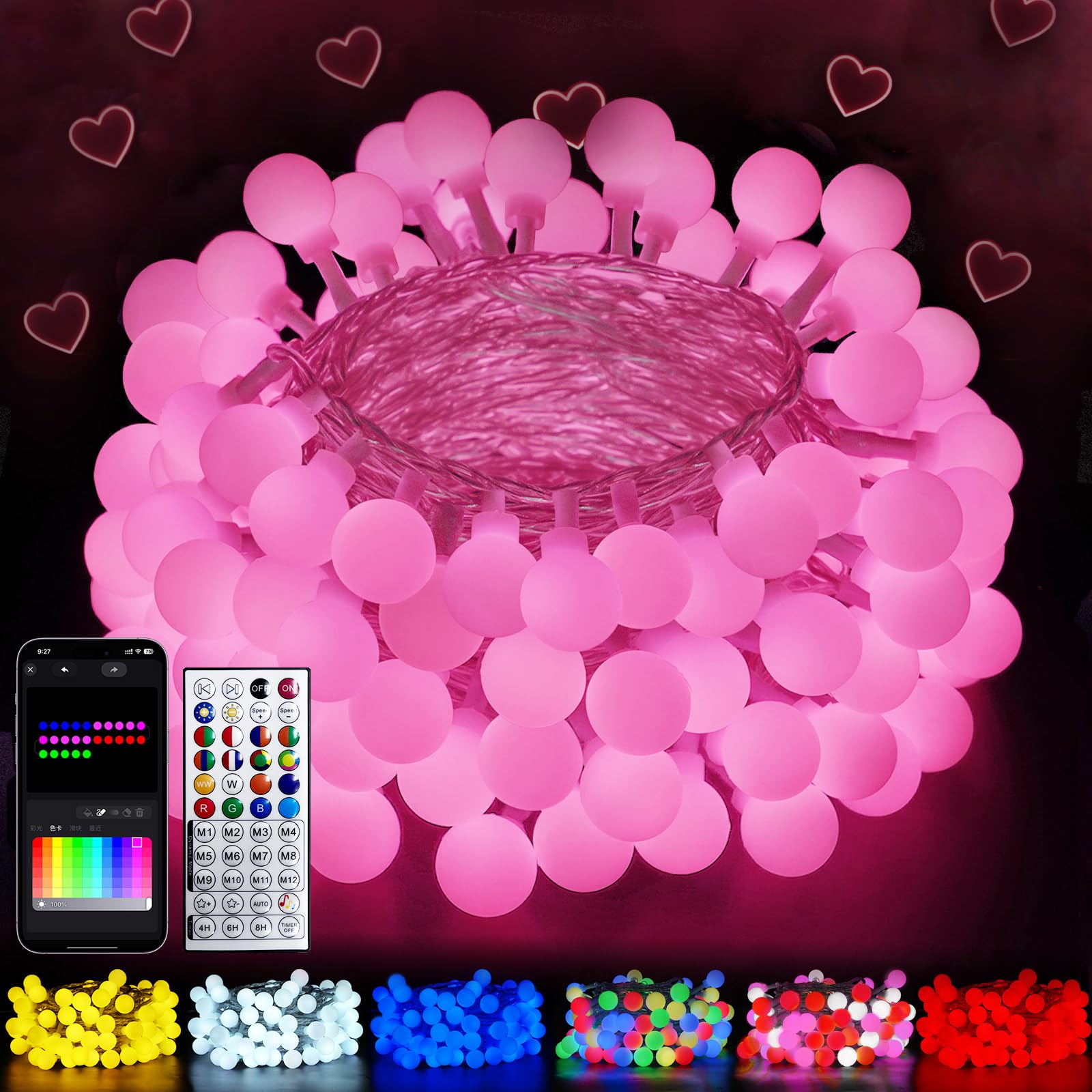 Photo 1 of 2026 New 46ft Smart Color Changing Pink Valentine Lights Indoor | 100 LED RGB Globe String Lights App Control with Remote & Timer | Fairy Light Plug in Waterproof Valentines Day Decor Girl's Bedroom