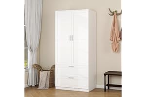 Panana Modern 2 Doors 2 Drawers Bedroom Armoires Wardrobe Clothes Storage Closet with Hanging Rod, Wooden Bedroom Freestanding Wardrobe, 31.5" W x 19.7" D x 70" H (White)